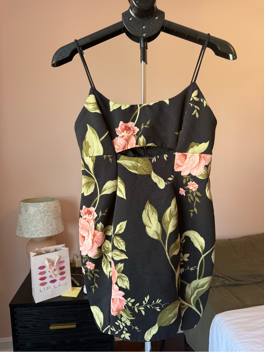 Asos Black Floral Spaghetti Strap Mini Dress - Pink & Green Roses